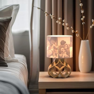 Aurora personalisierte 3D-gedruckte Fotolampe mit Holzsockel, die auf einem Nachttisch im modernen Schlafzimmer leuchtet.