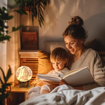 Luna personalisierte 3D-gedruckte Fotolampe, die auf einem Nachttisch leuchtet, während eine Mutter ihrem Kind in einem gemütlichen Schlafzimmer vorliest.