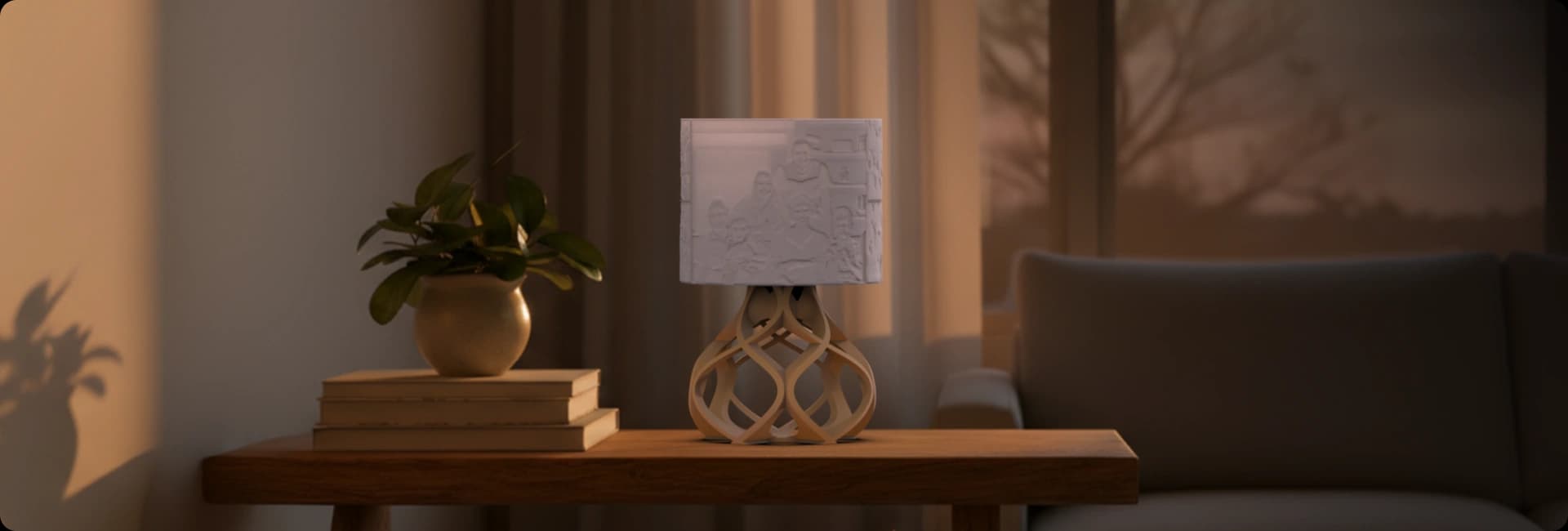 Aurora Personalized 3D printed photo lamp turned off on a wooden table in a cozy living room interior.