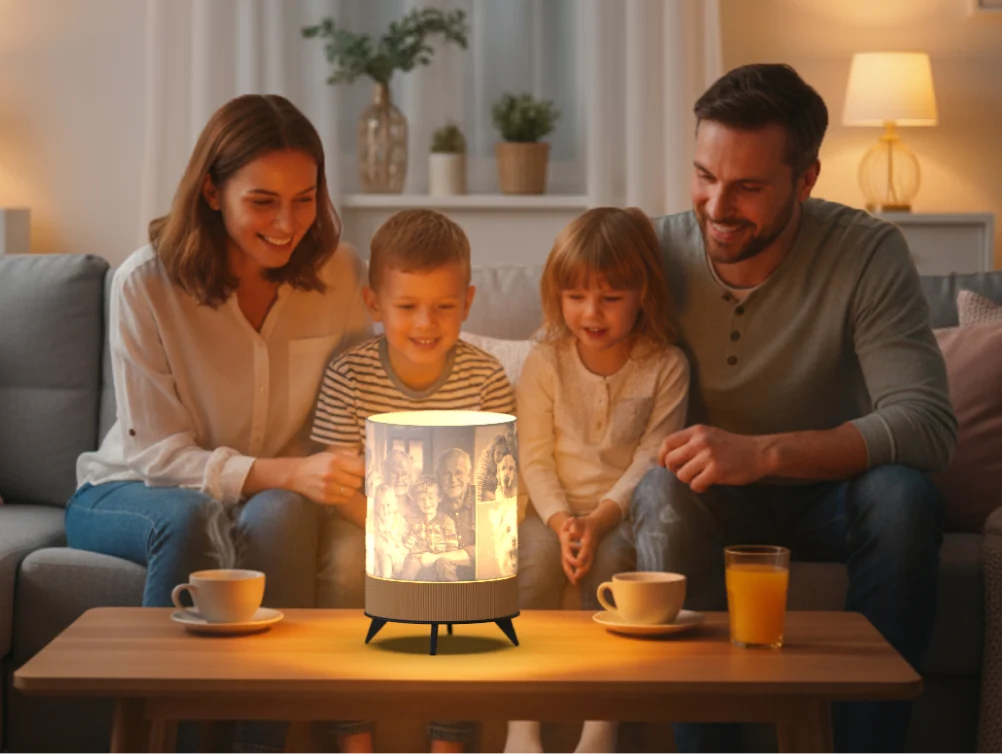 Eine Familie betrachtet eine leuchtende personalisierte Lampe