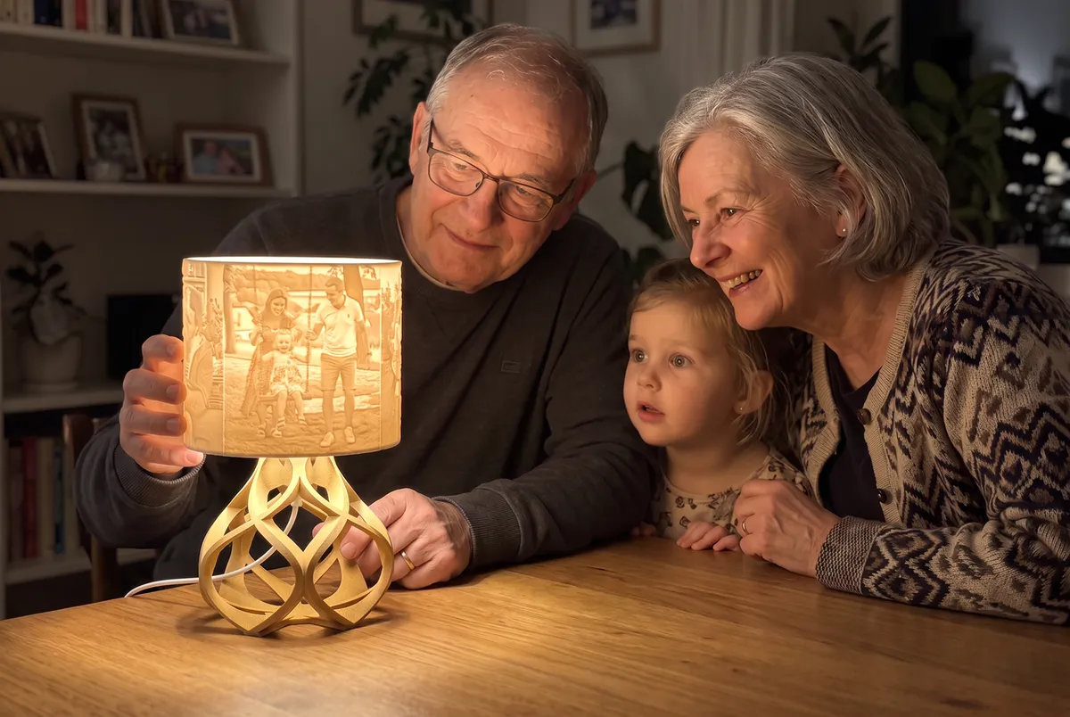 Großeltern und Enkelin mit einer personalisierten Familienfoto-Lampe