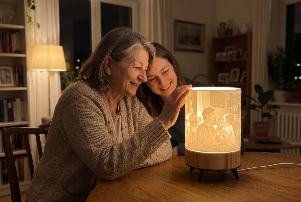Mutter und Tochter neben einer leuchtenden personalisierten Lampe