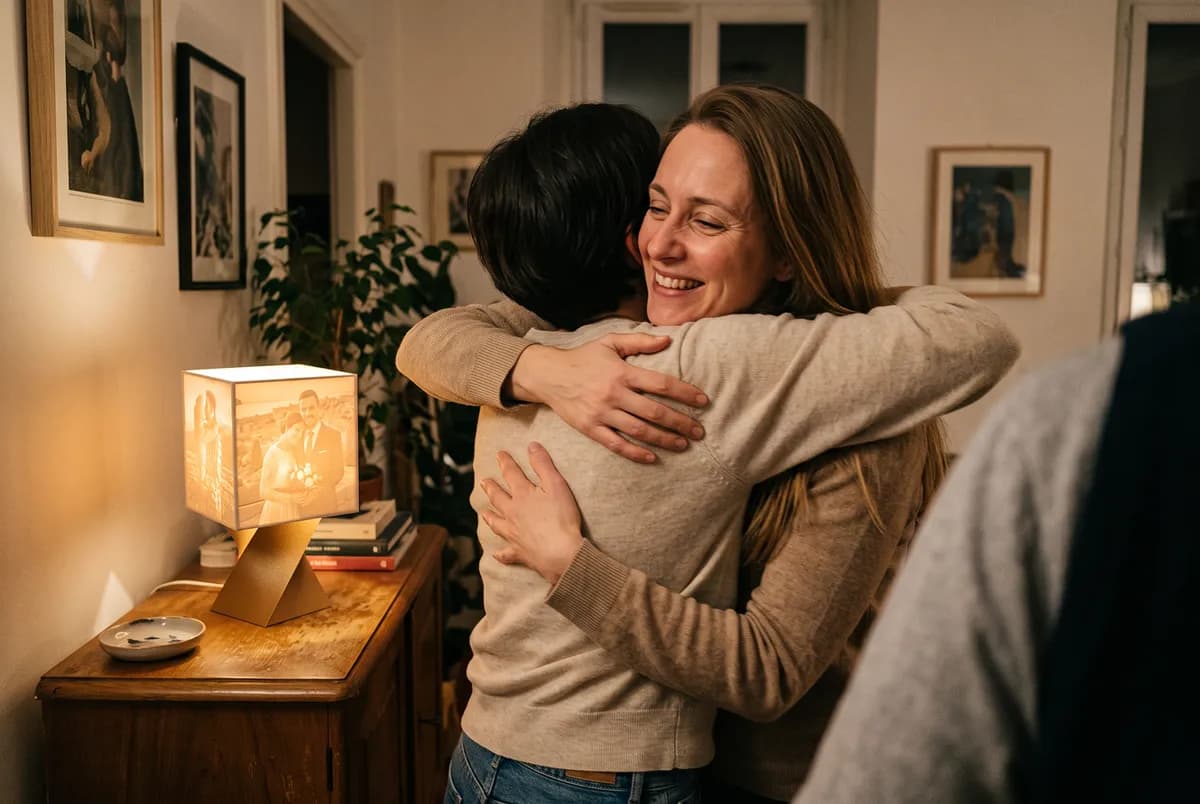 Eine herzliche Umarmung neben einer leuchtenden personalisierten Lampe