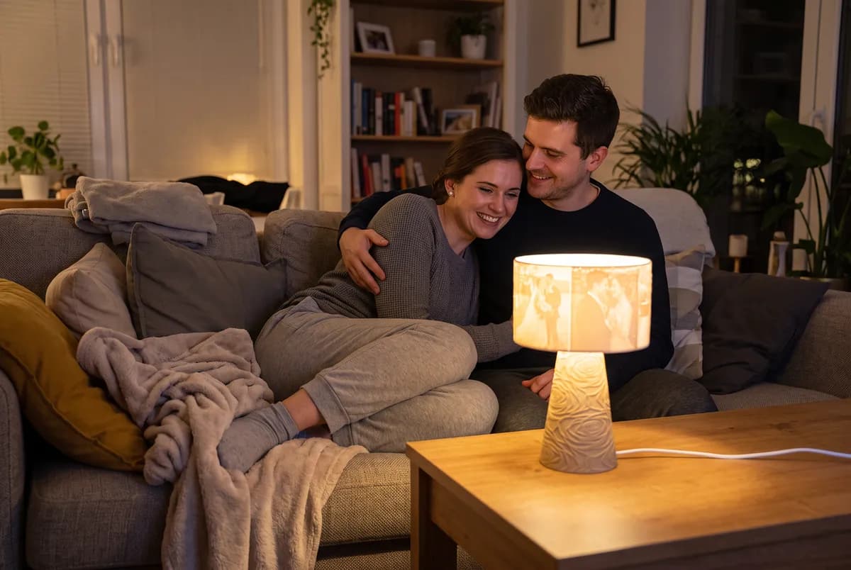 Ein Paar auf dem Sofa neben einer leuchtenden personalisierten Lampe